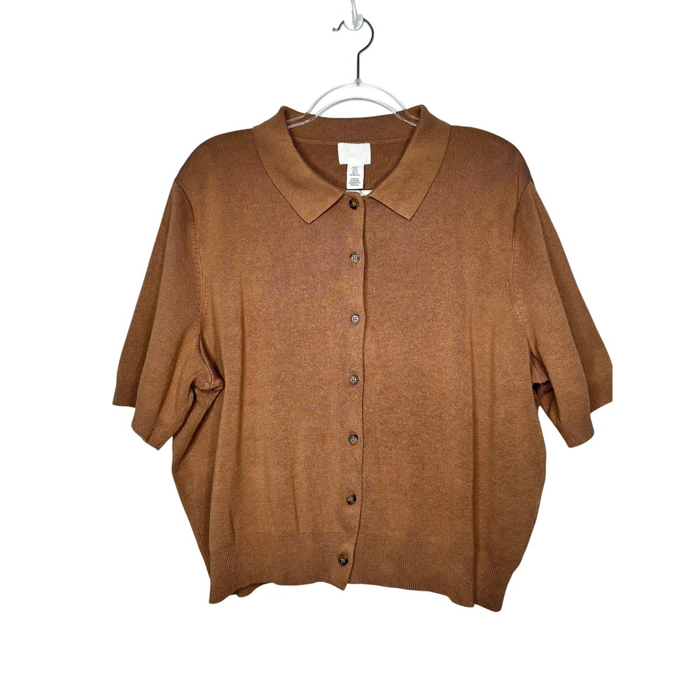 H&M Short Sleeve Knit Top Polo Collar Button Down XL Brown Preppy Fall Office